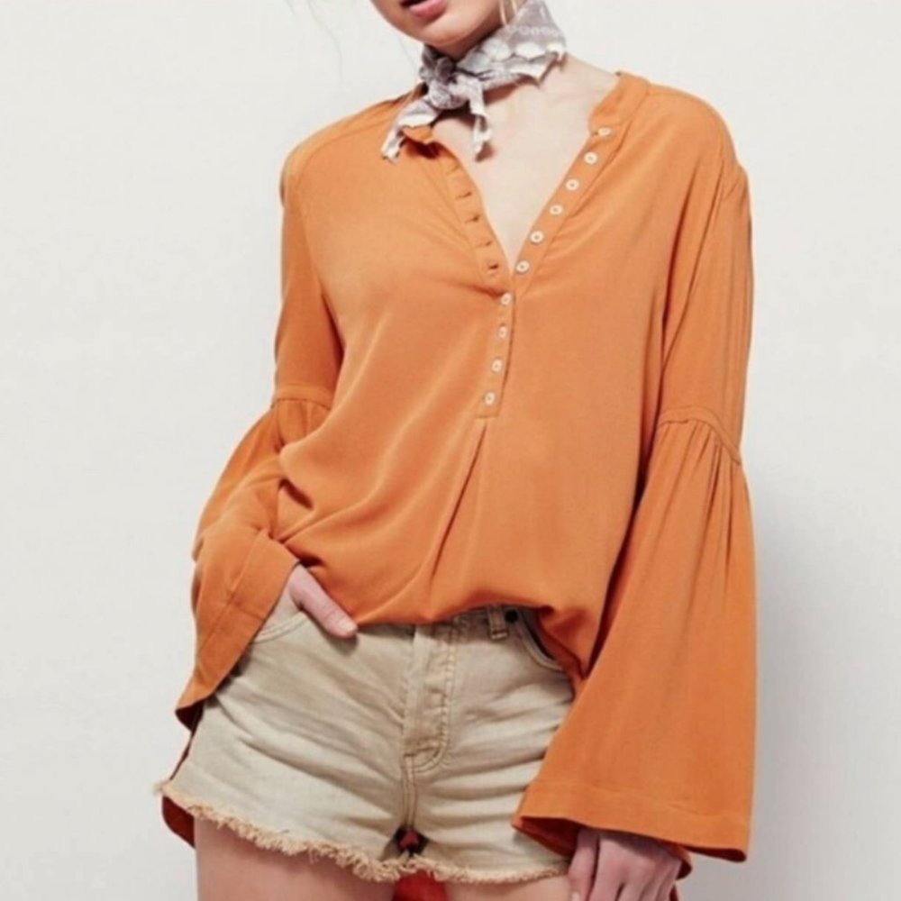 Free People Easy Girl Henley Tunic Top Bell Sleeve Boho Retro Indie Grunge-S